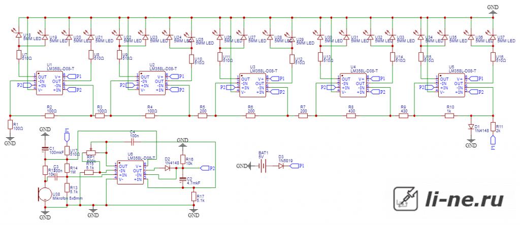Схема индикатора уровня звука на LM358 с микрофоном
